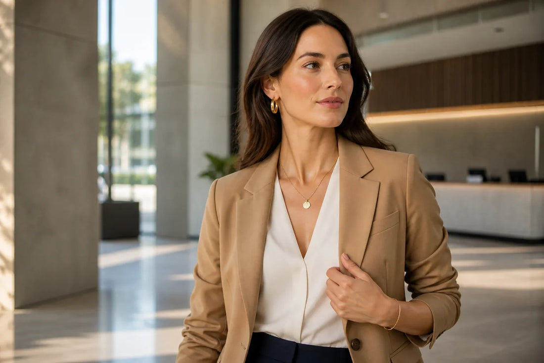 Professional woman wearing polished jewelry with a camel blazer in a modern office