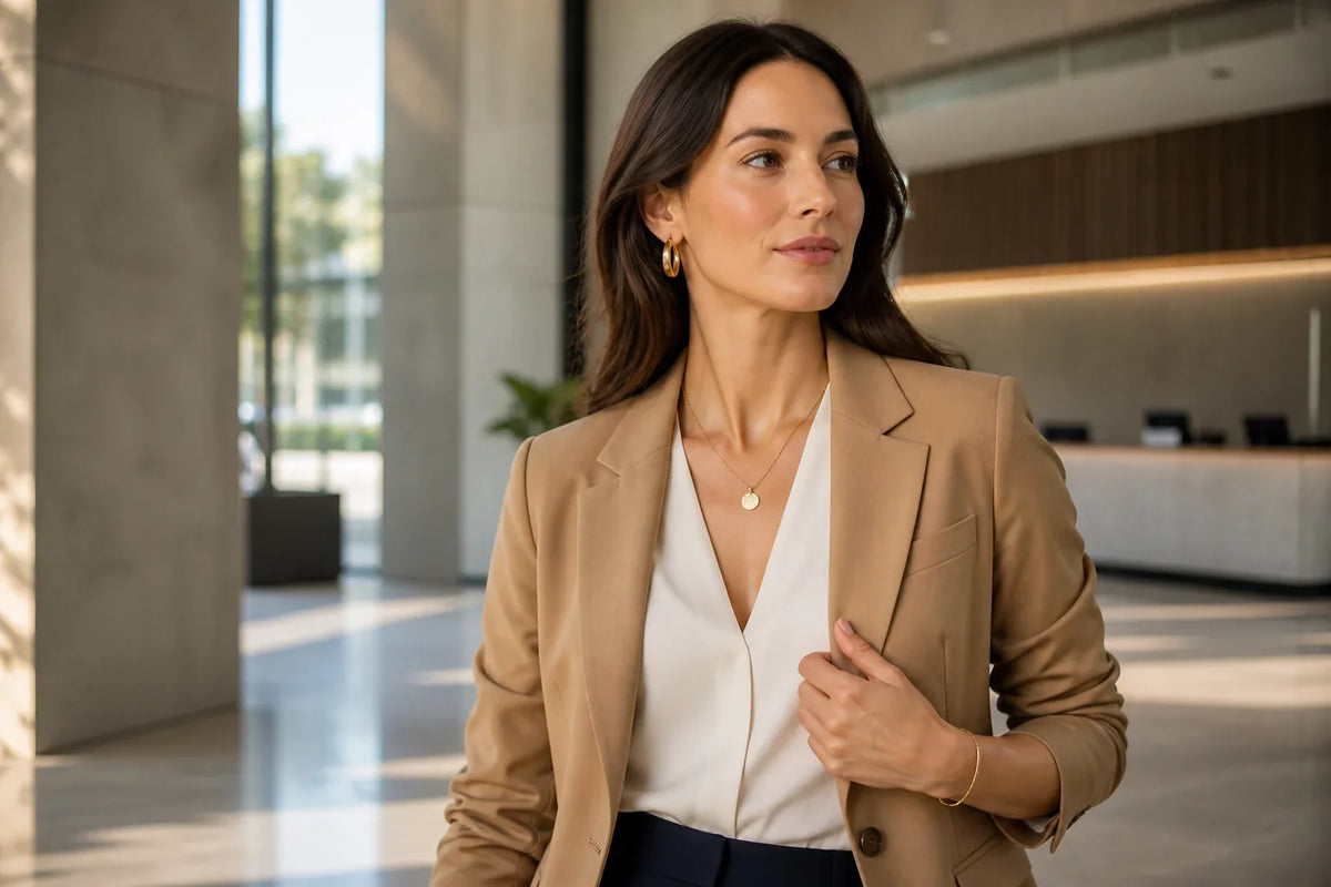 Professional woman wearing polished jewelry with a camel blazer in a modern office