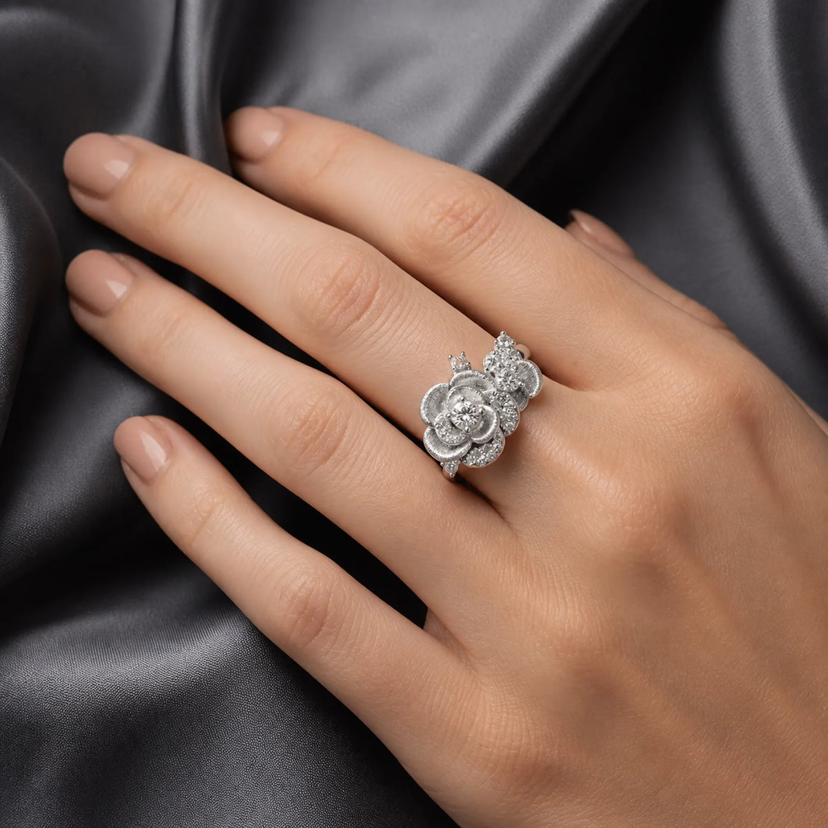 Selunyra Rose Brushed Ring worn styling view 1