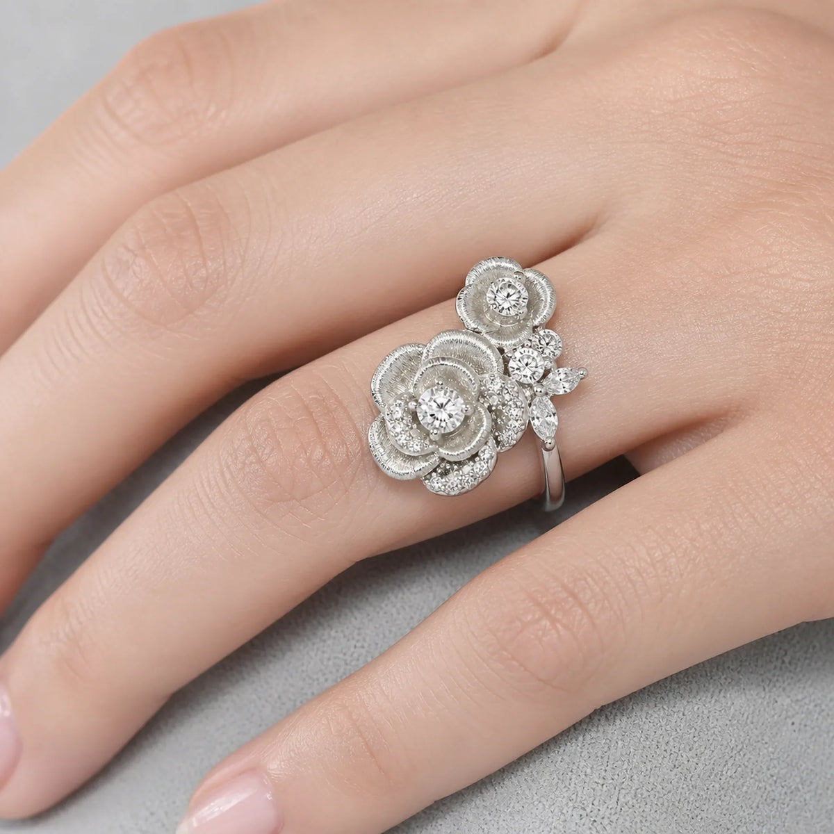 Selunyra Rose Brushed Ring worn styling view 2