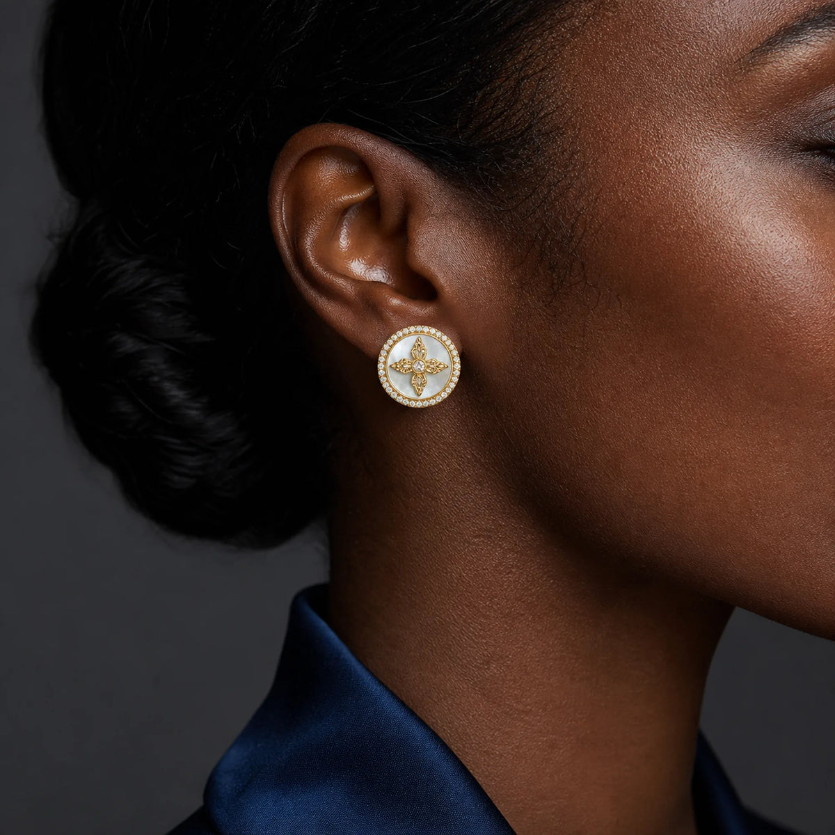 Selunyra Round Cross Earrings worn styling view 2