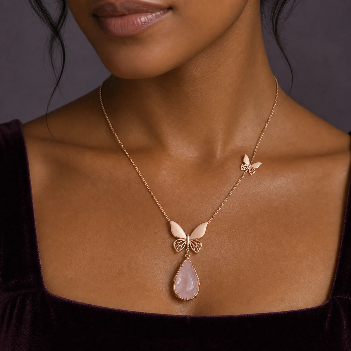 Selunyra Rose quartz Necklace worn styling view 2