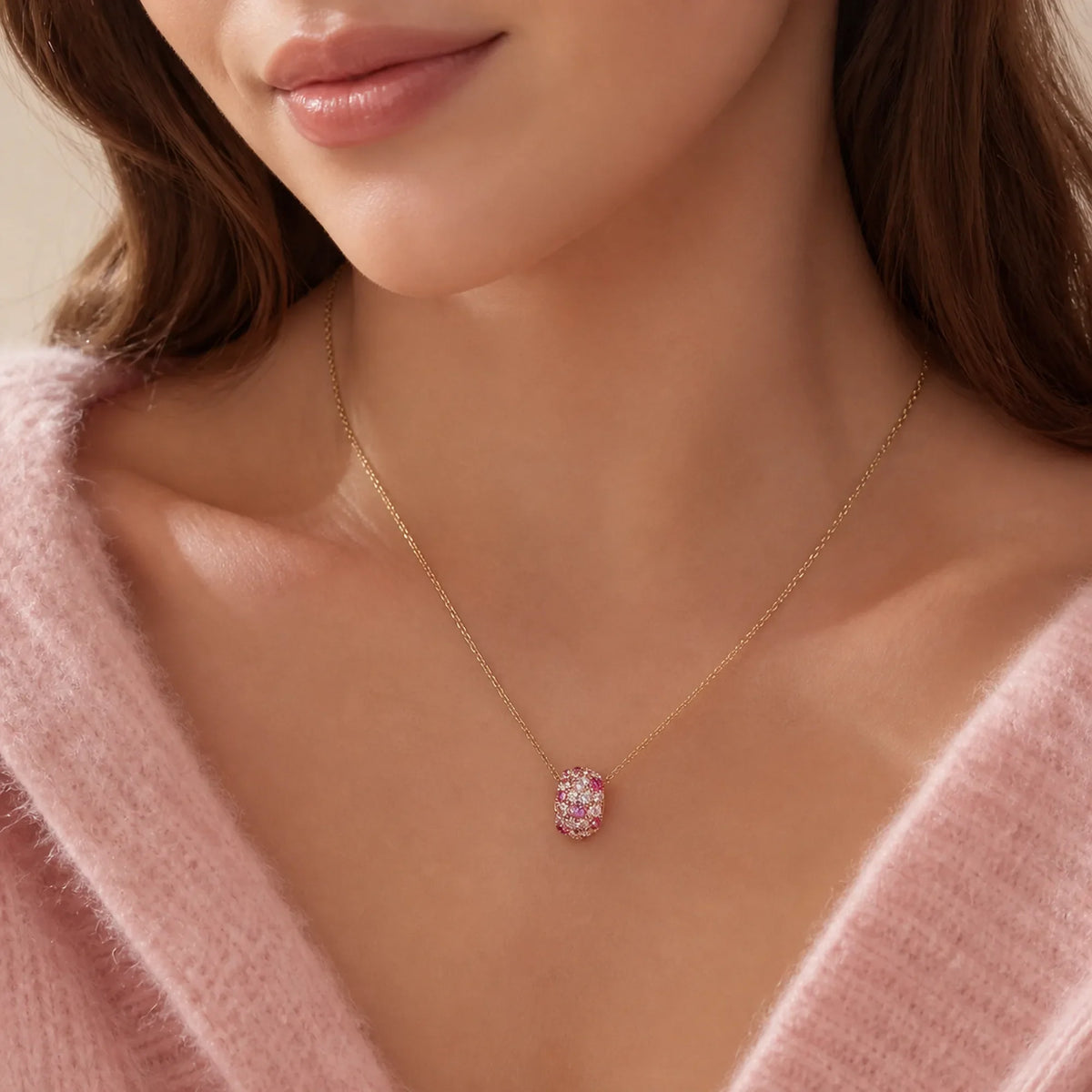 Selunyra Alma necklace worn with blush styling