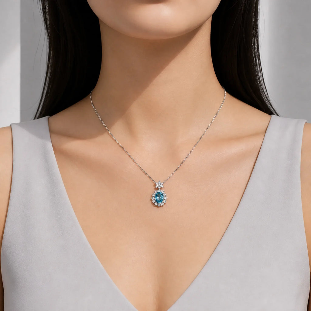 Selunyra Aquamarine D Necklace worn by model, lifestyle view