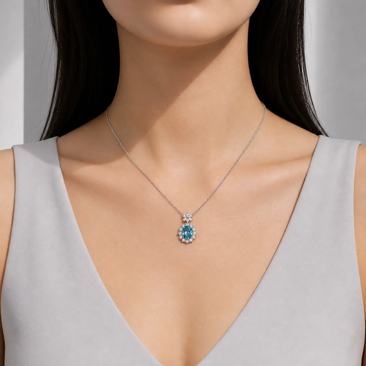 Selunyra Aquamarine D Necklace worn by model, lifestyle view