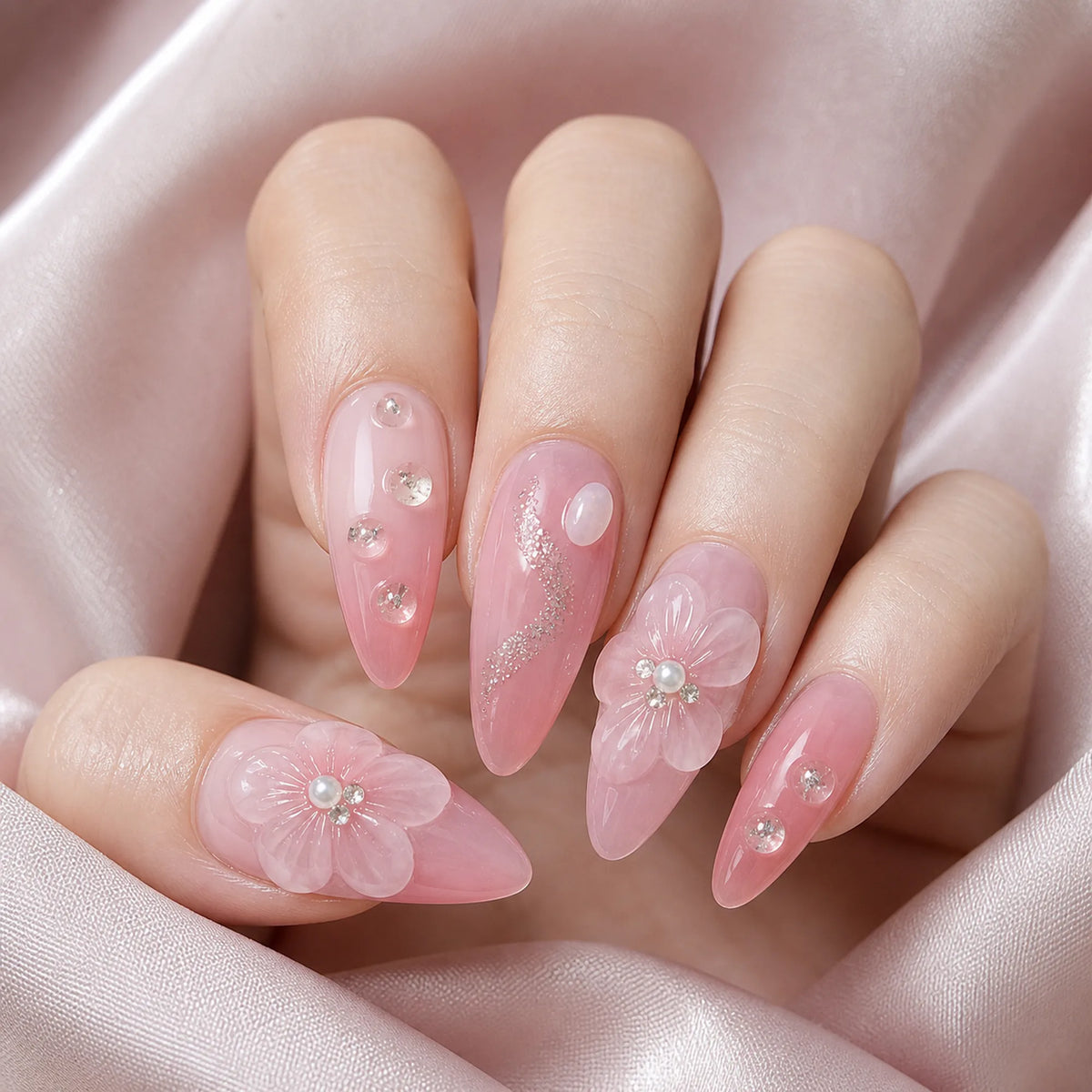 Selunyra Baby Pink Sakura Nails worn manicure 1