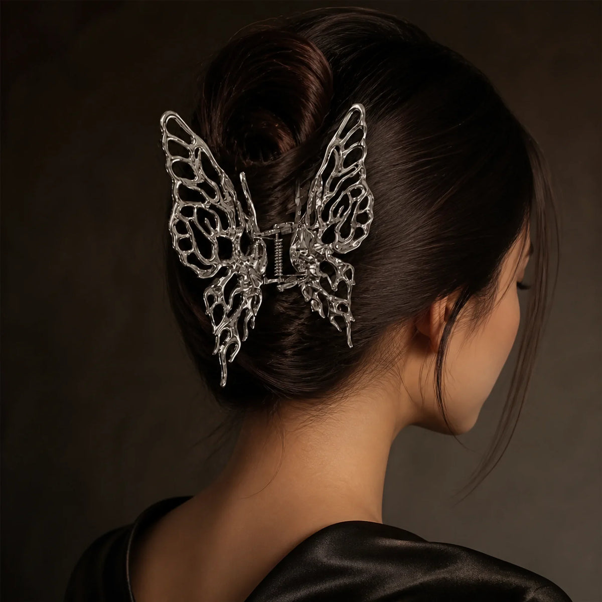 Selunyra Big Butterfly Claw Clip in a dark brown French twist