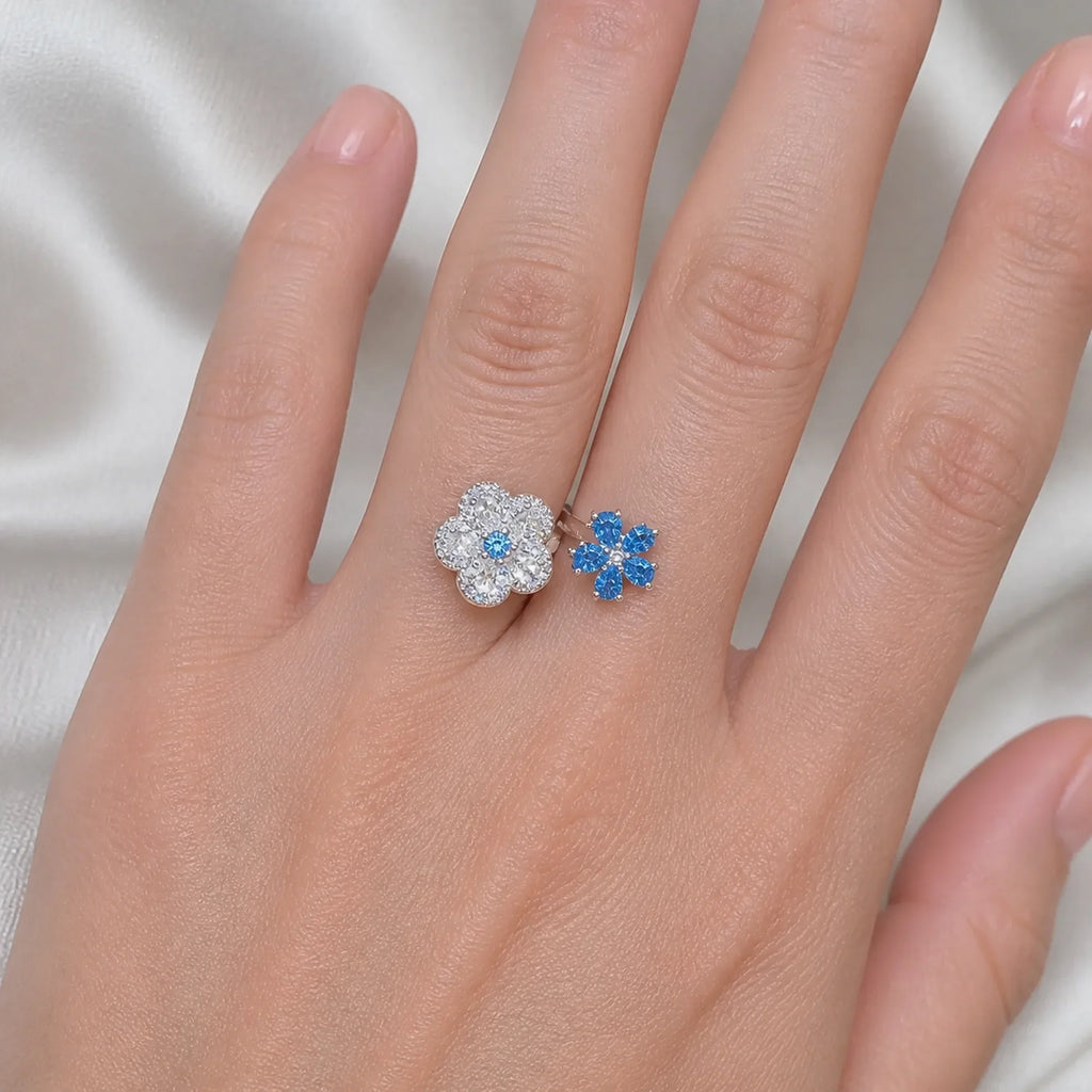 Selunyra Blue Double Flower Ring worn on hand 1