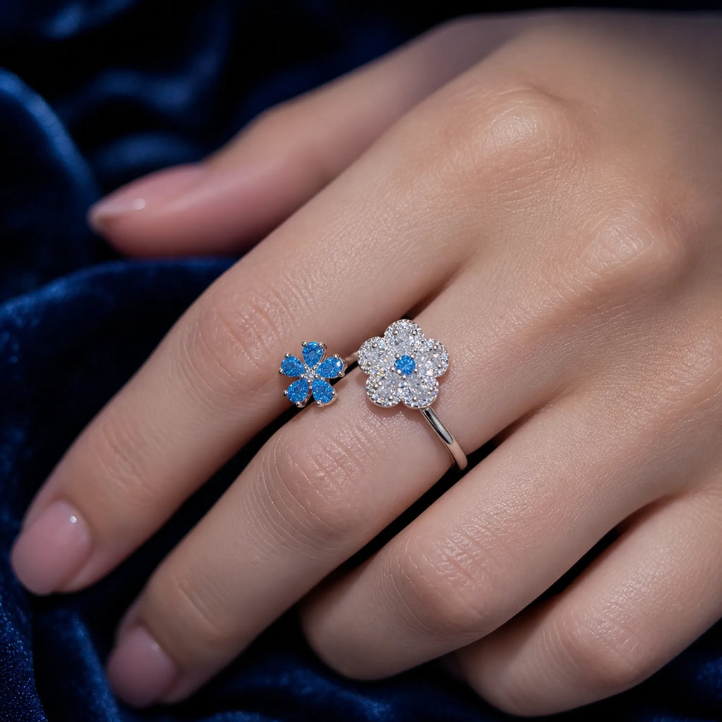 Selunyra Blue Double Flower Ring worn on hand 2