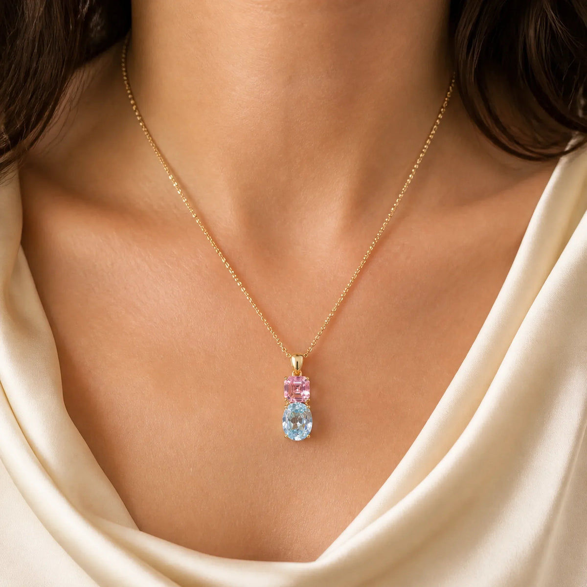 Selunyra Blue and Pink necklace worn with cream silk
