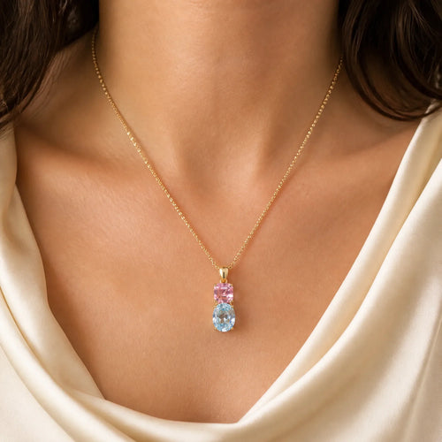 Selunyra Blue and Pink necklace worn with cream silk