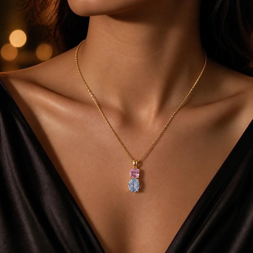 Selunyra Blue and Pink necklace worn for evening
