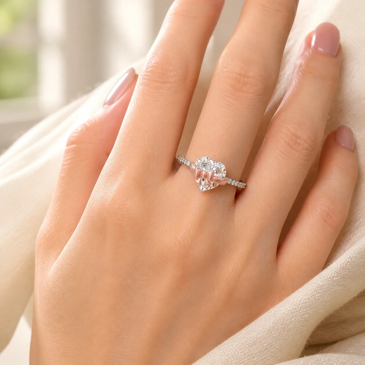 Selunyra Bow Heart Ring worn on hand in warm light