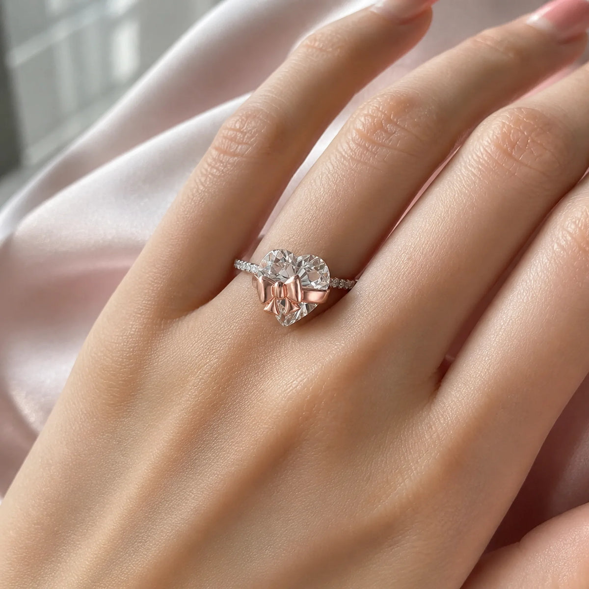 Selunyra Bow Heart Ring worn on hand by rose silk