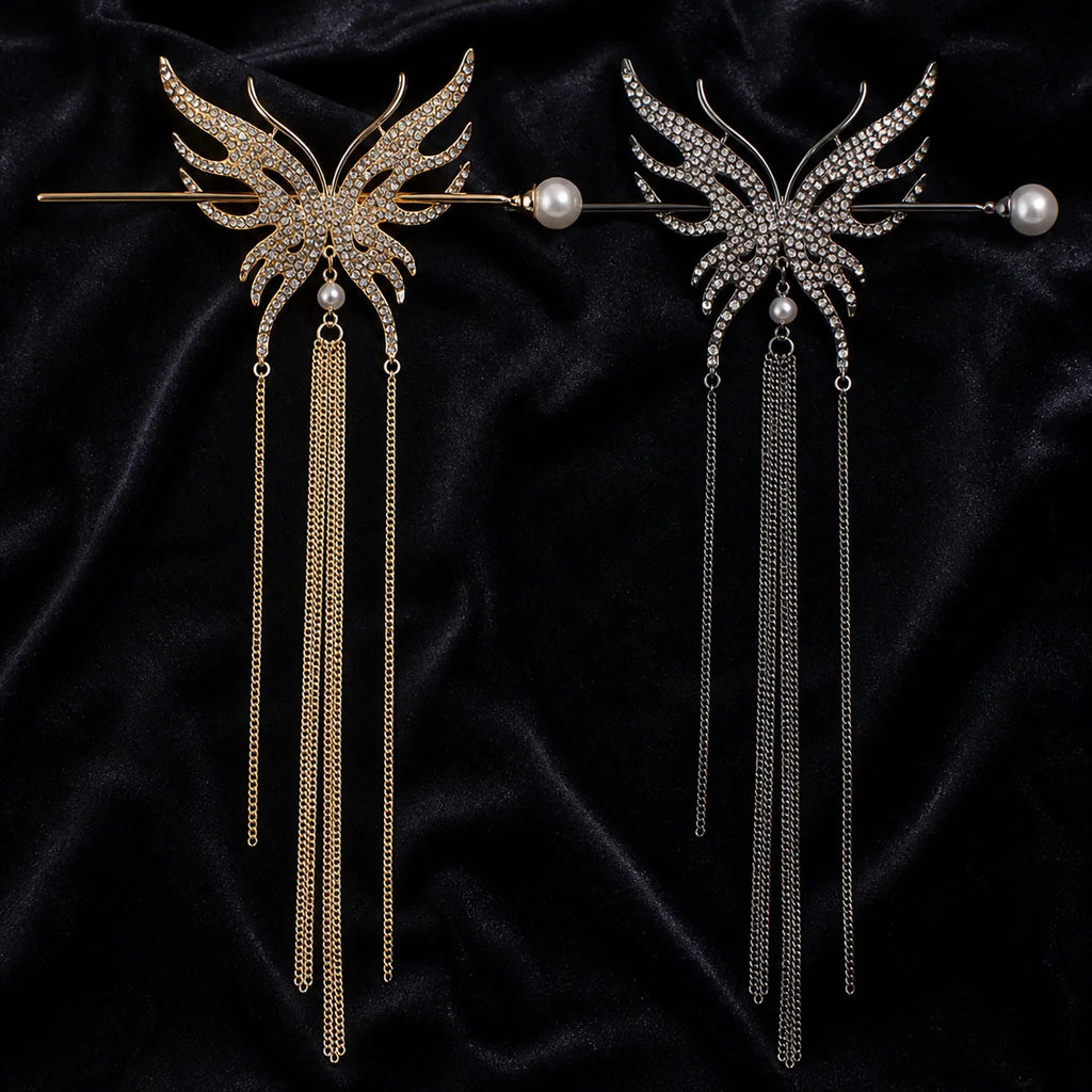Selunyra gold and black rhinestone butterfly hair sticks