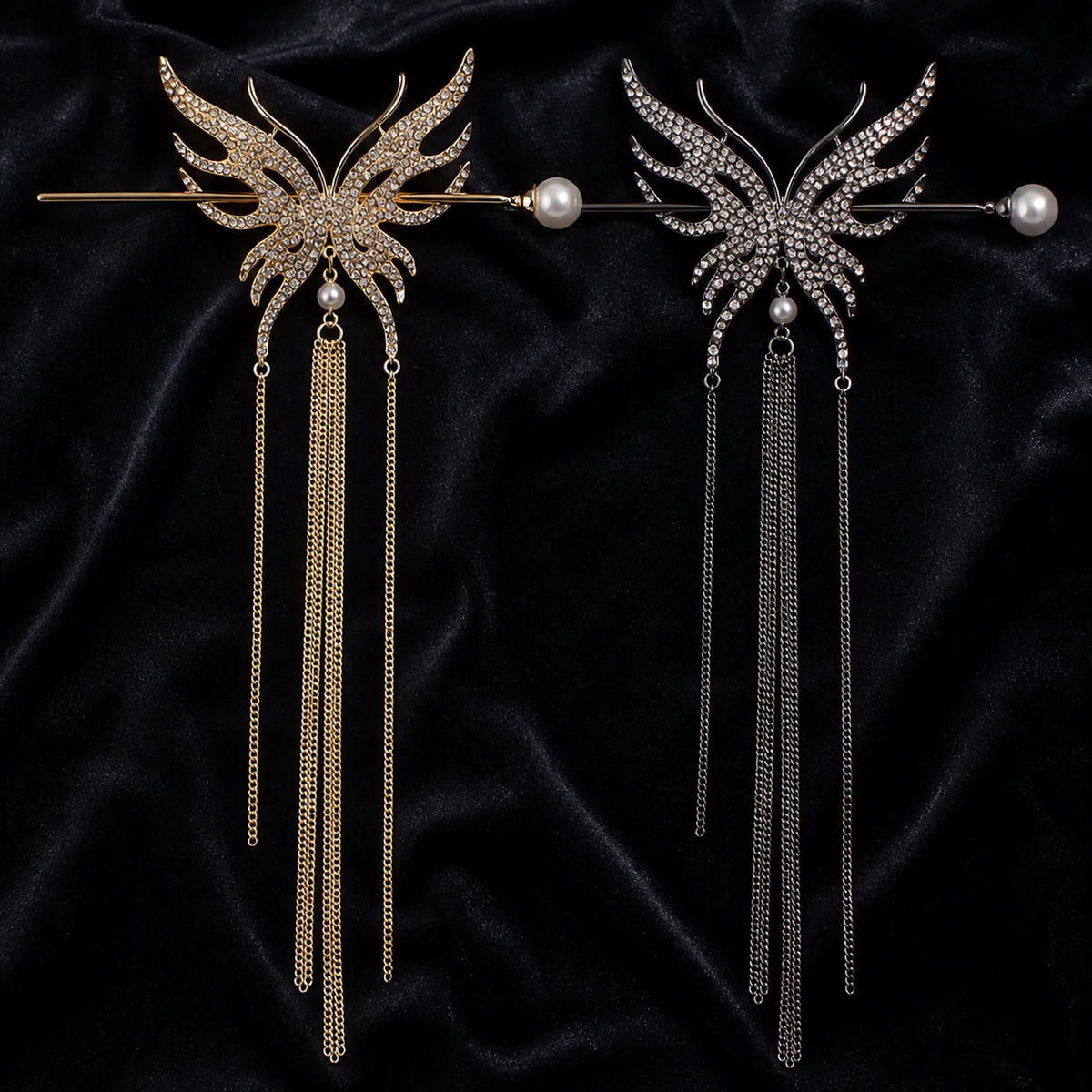 Selunyra gold and black rhinestone butterfly hair sticks