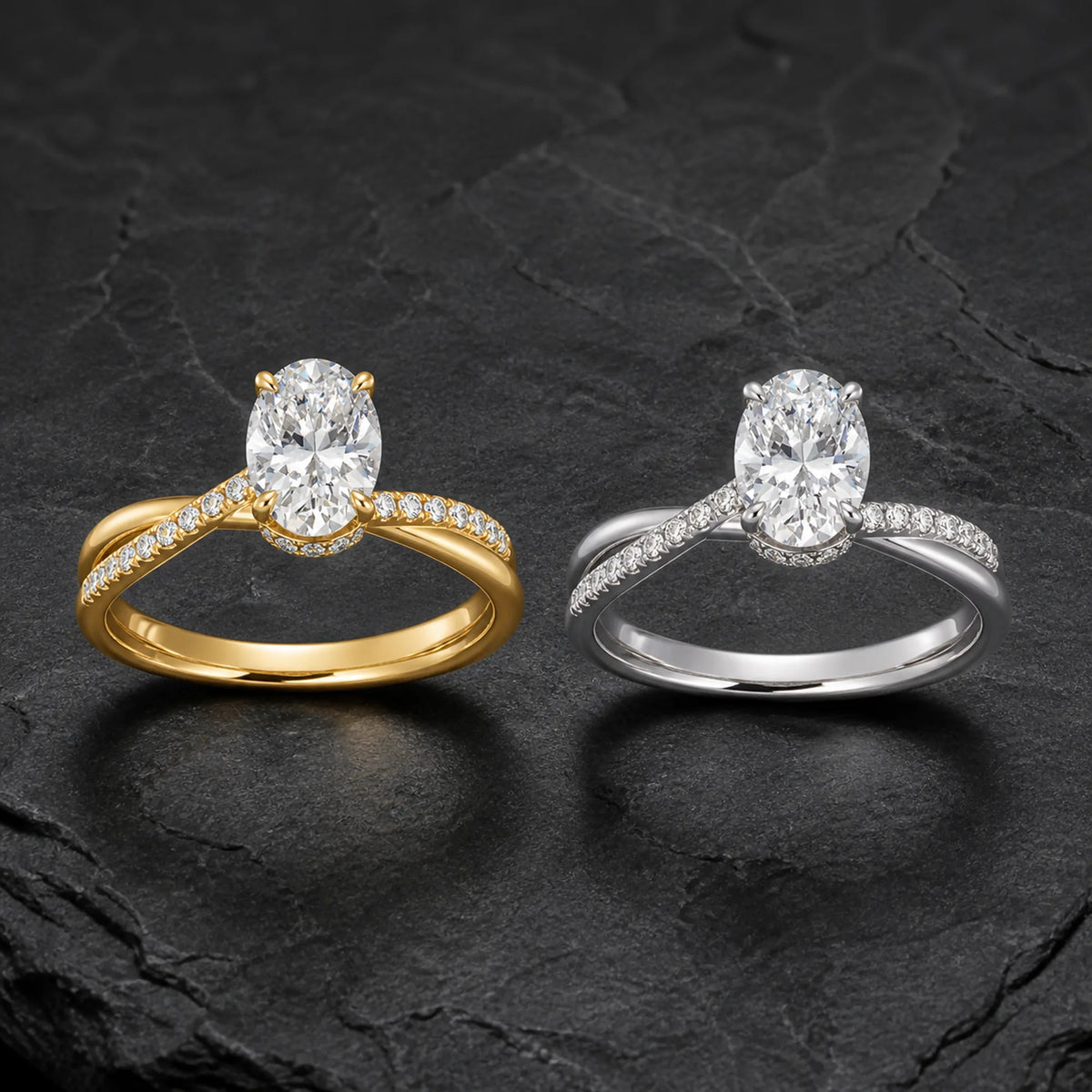 Selunyra Chica oval crossover rings in gold and silver