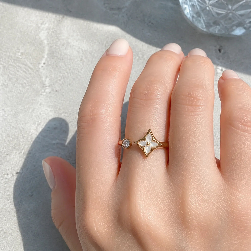 Selunyra white Clover Open Ring worn on hand