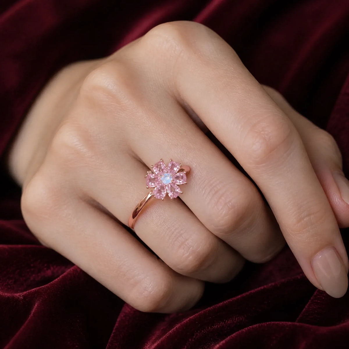 Selunyra Daisy Rose Gold Open Ring worn on hand 2