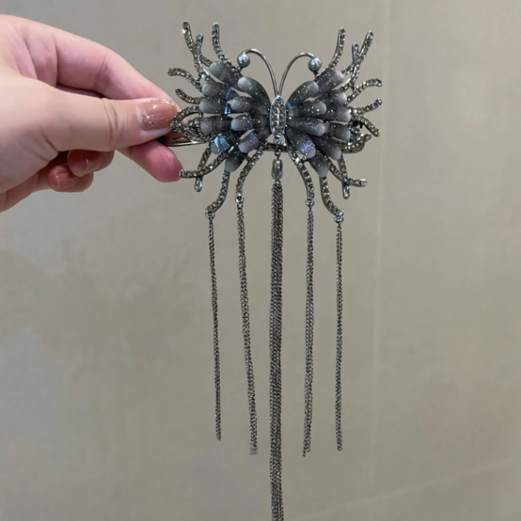Selunyra dark butterfly tassel hairpin with five chain drops