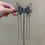 Selunyra dark butterfly tassel hairpin with five chain drops