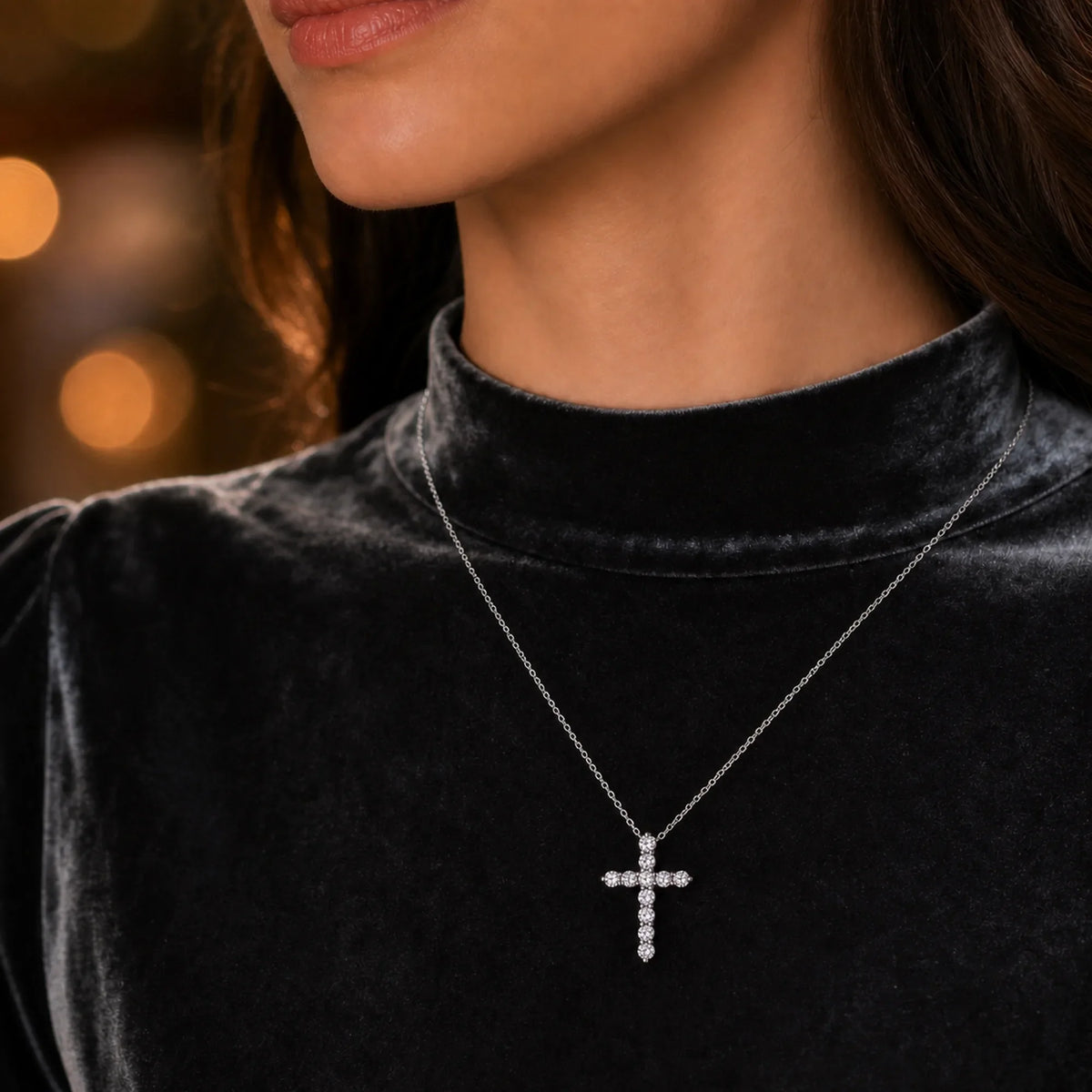 Selunyra Diamond Cross Necklace worn styling 2