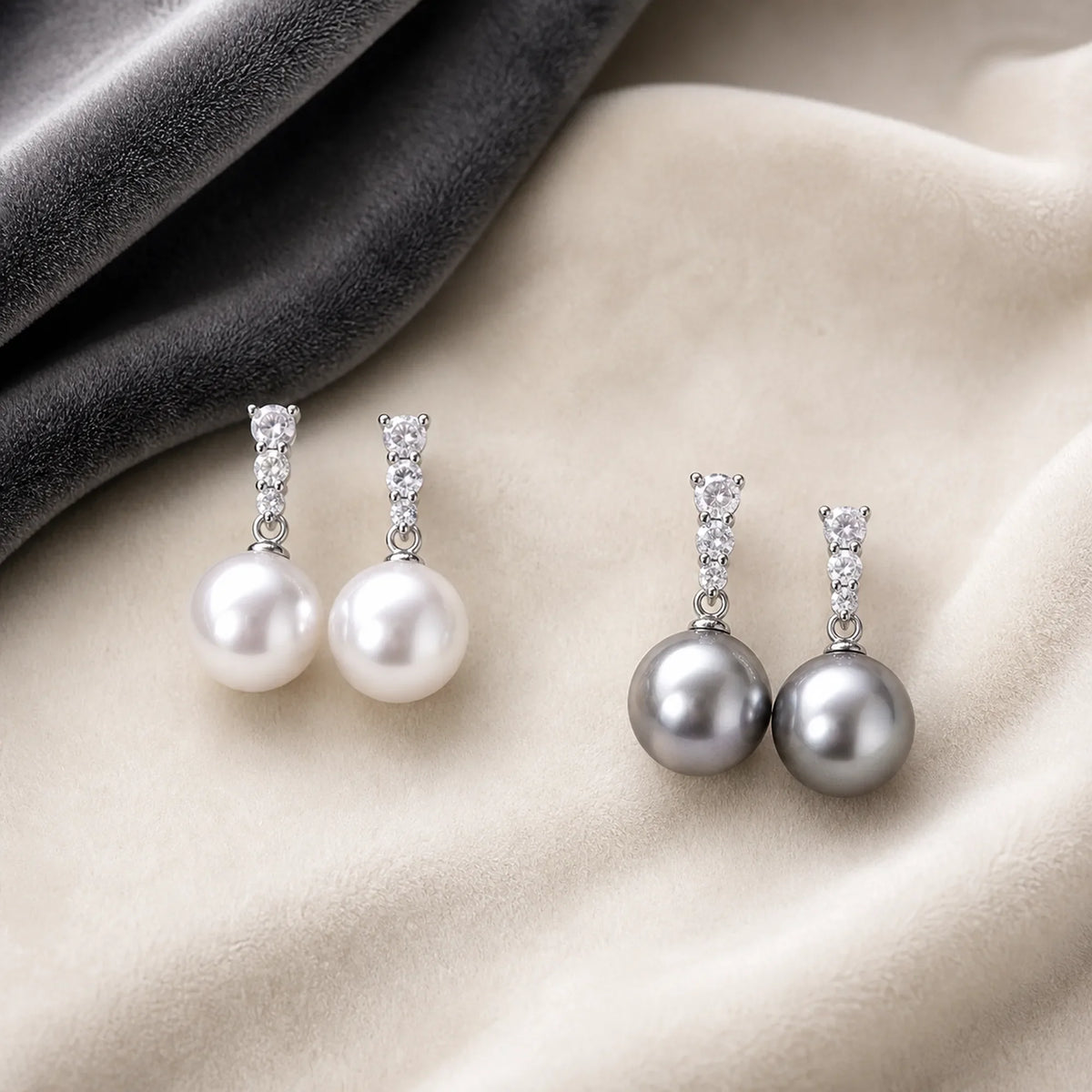 Selunyra diamond pearl drop earrings in white and graphite gray
