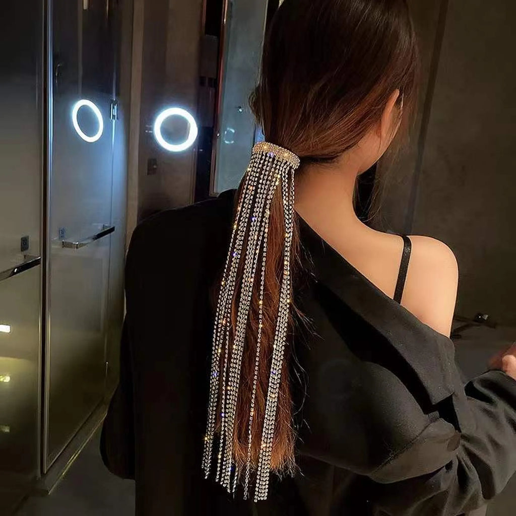 Selunyra Bright Flash Diamond Tassel Headdress worn in an evening setting