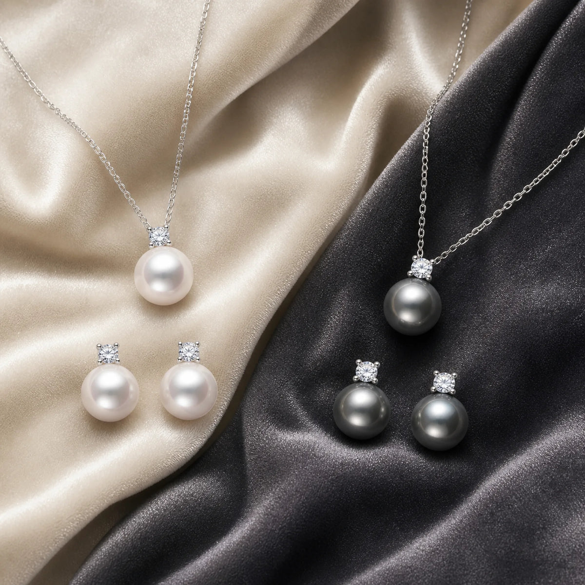 Selunyra Diana pearl necklace and stud earring sets in white and graphite gray