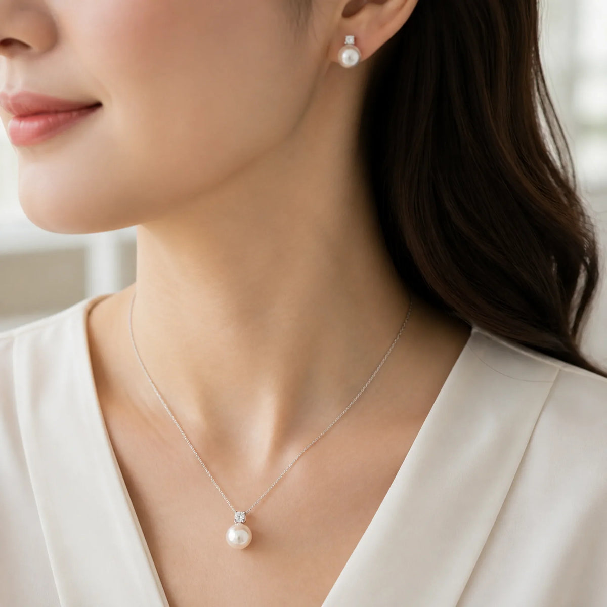 Selunyra Diana white pearl necklace and stud earring set worn in daylight