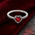 Selunyra silver elevated red heart ring on burgundy velvet
