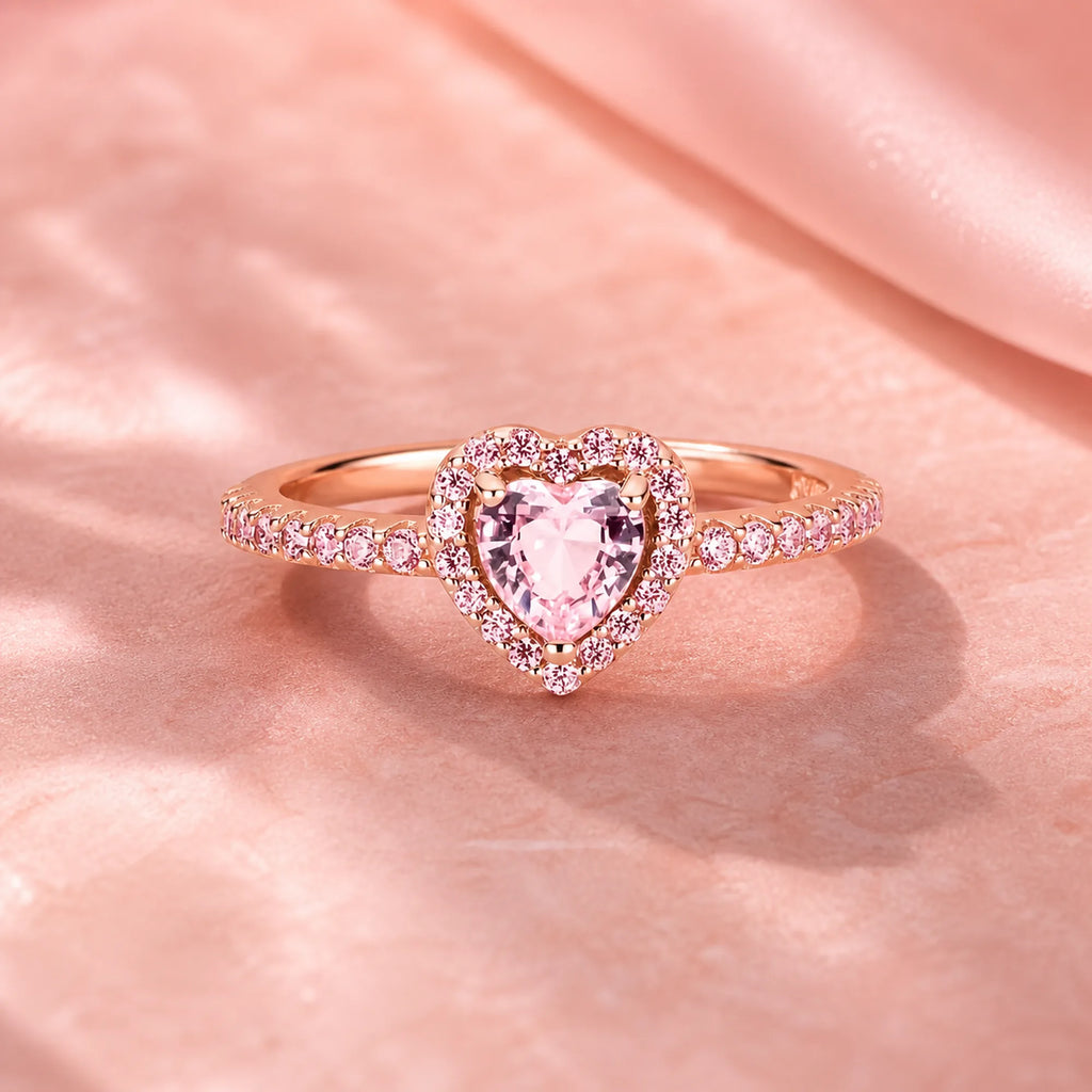 Selunyra Elevated Heart Ring in rose gold with pink heart stone