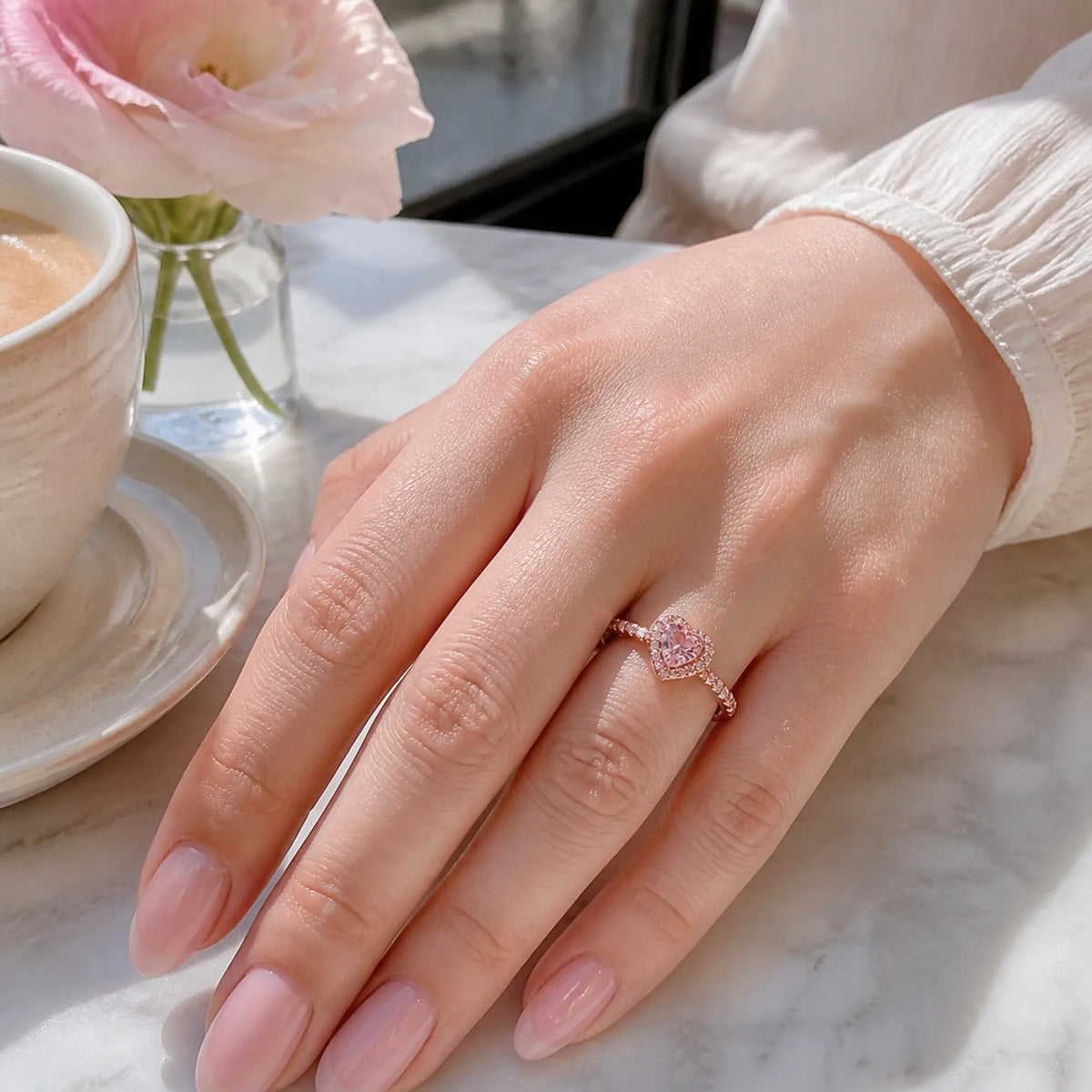 Selunyra Elevated Heart Ring worn in a bright cafe setting