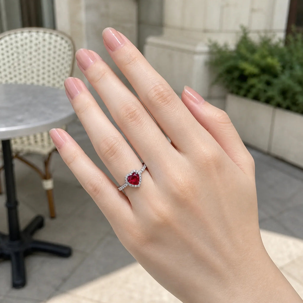 Selunyra elevated red heart ring worn in daylight