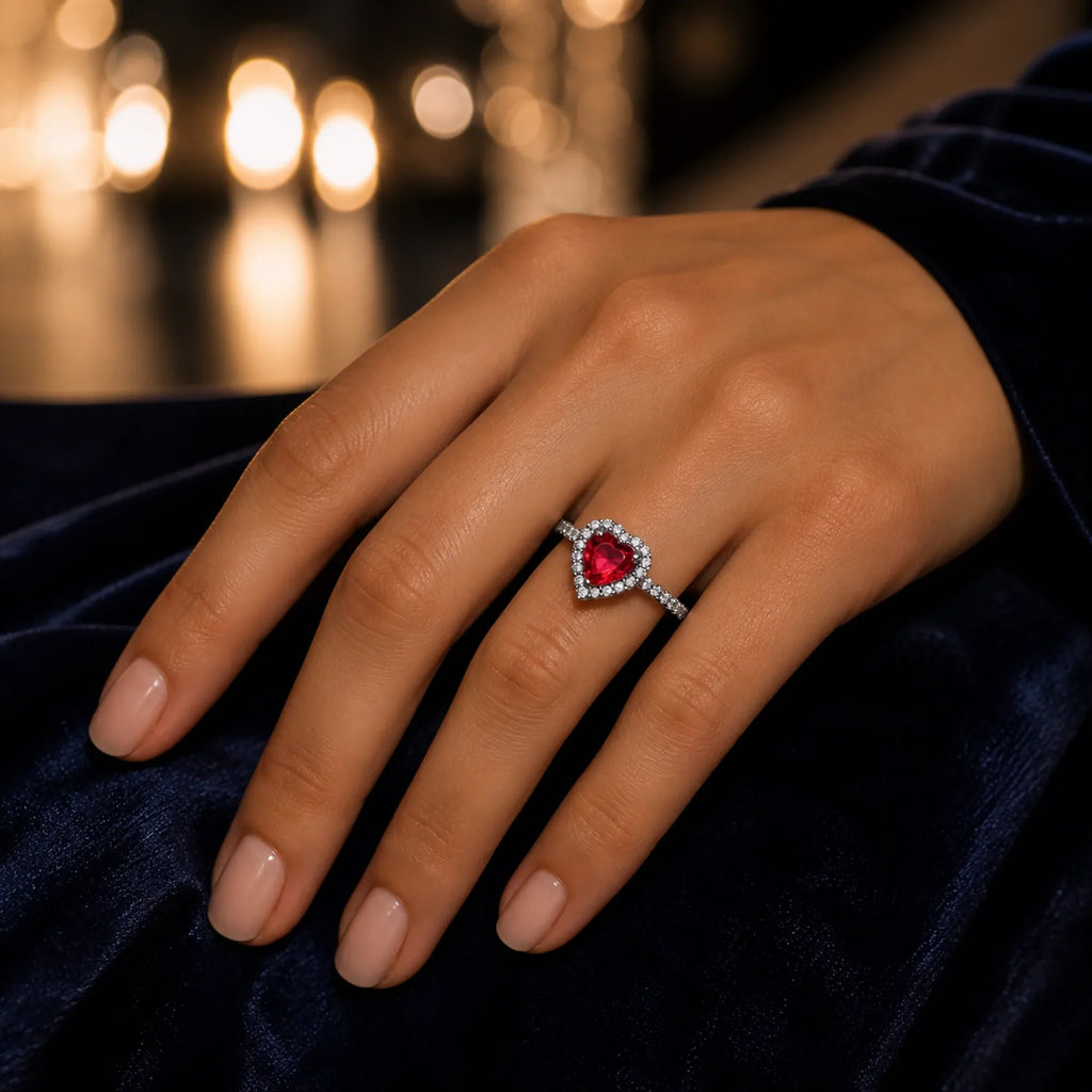 Selunyra elevated red heart ring worn for evening styling