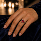 Selunyra elevated red heart ring worn for evening styling