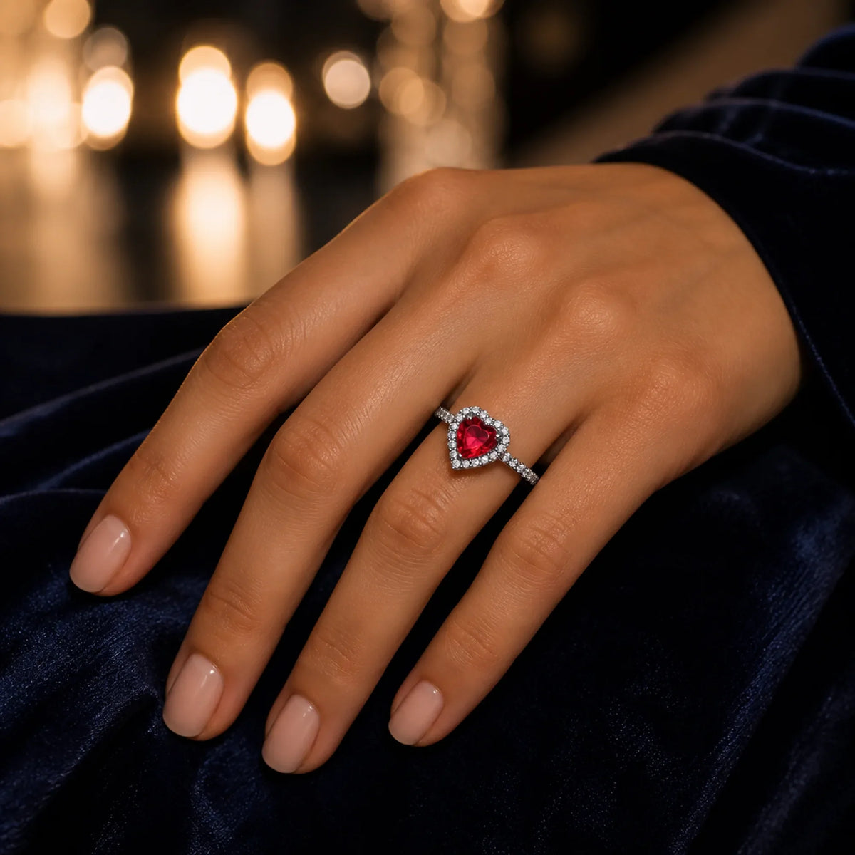 Selunyra elevated red heart ring worn for evening styling