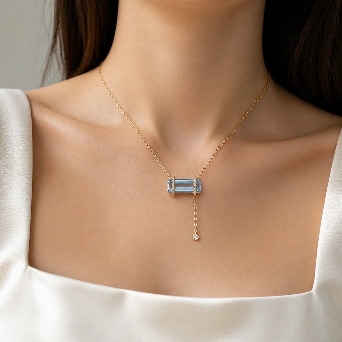 Selunyra Elsa Necklace worn by model, studio view