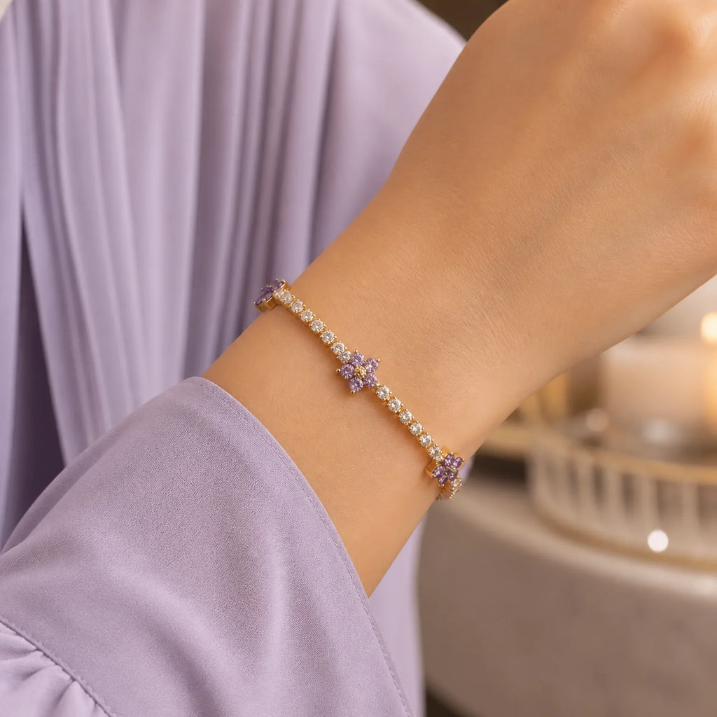 Selunyra purple Flower Tennis Bracelet worn on wrist