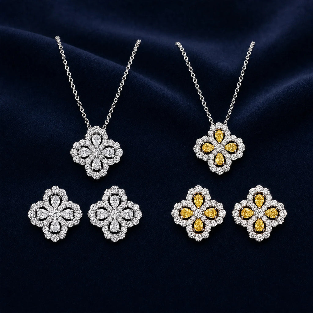 Selunyra Hana Garden necklace and earrings in white and warm golden stone colors