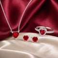 Selunyra red heart necklace, stud earrings, and halo ring set