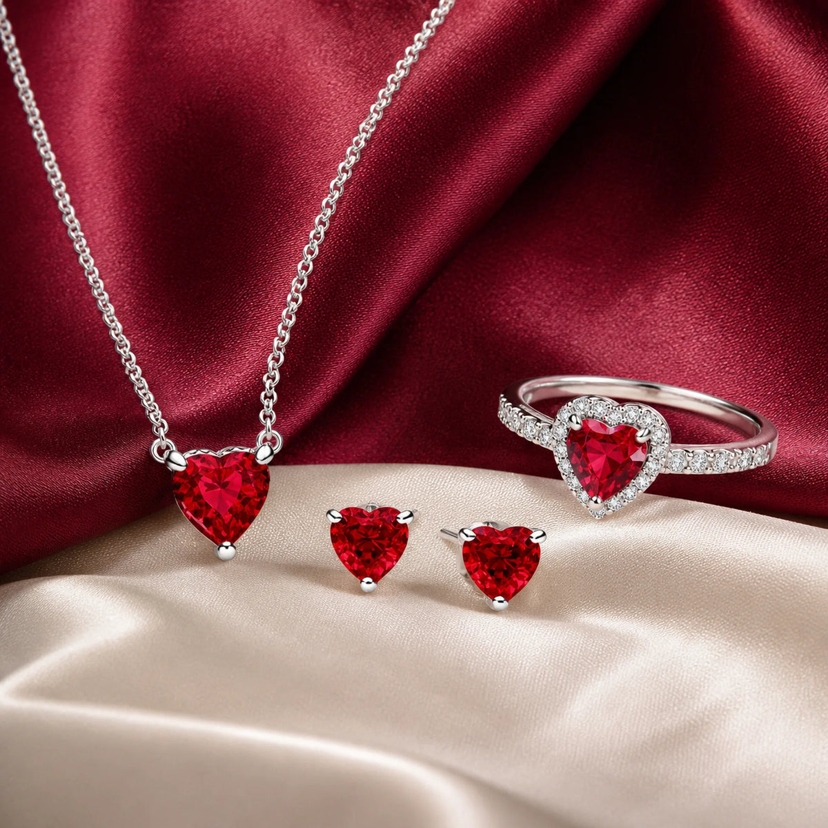 Selunyra red heart necklace, stud earrings, and halo ring set