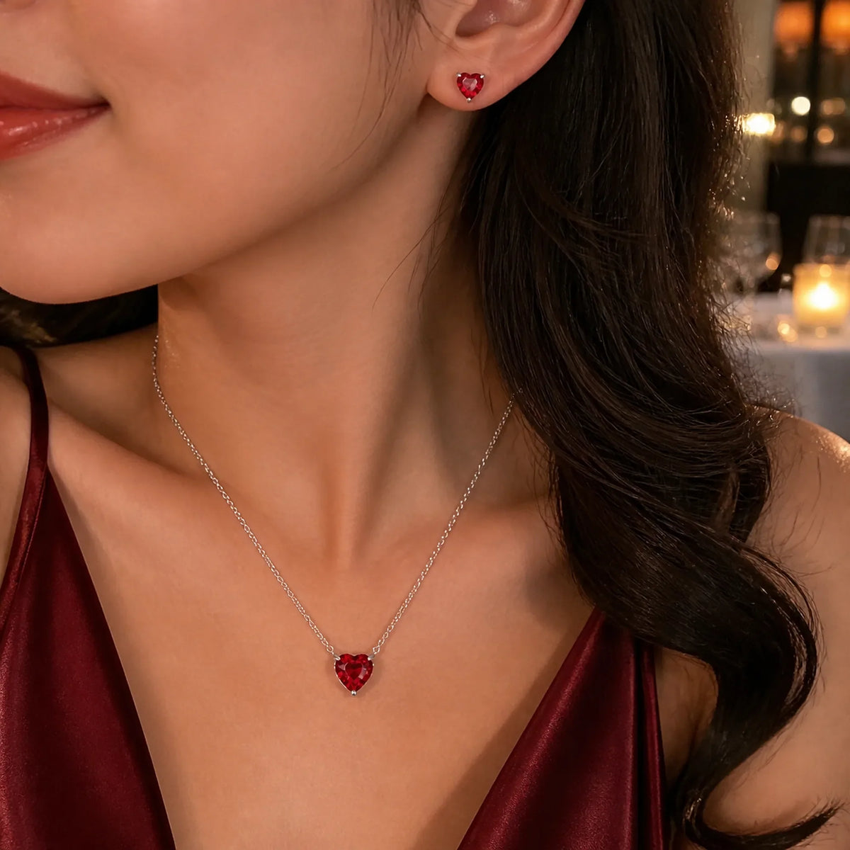 Selunyra red heart necklace and stud earring worn in evening light