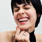 Selunyra silver heart halo ring styled by model