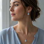 Selunyra Ice Blue D Teardrop Necklace worn styling 2