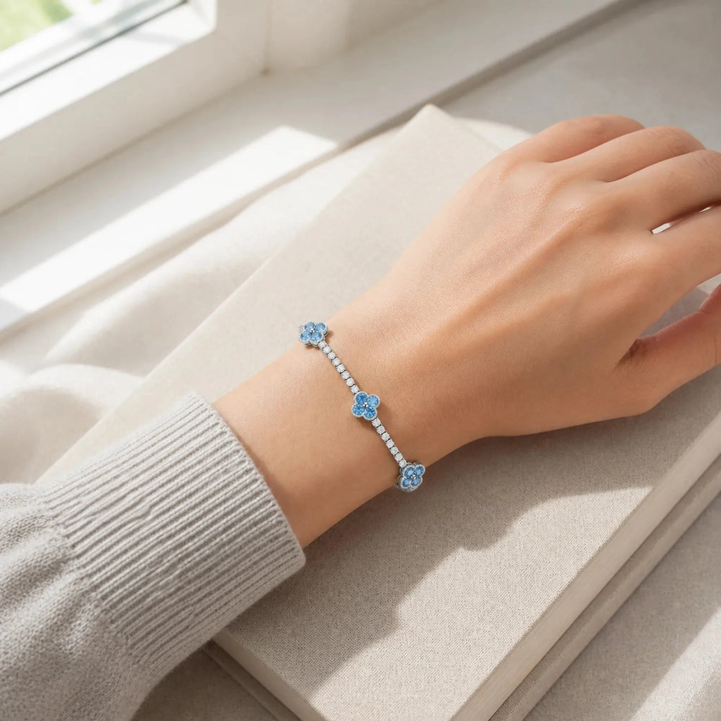 Selunyra Ice Blue Tennis Bracelet worn on wrist 2