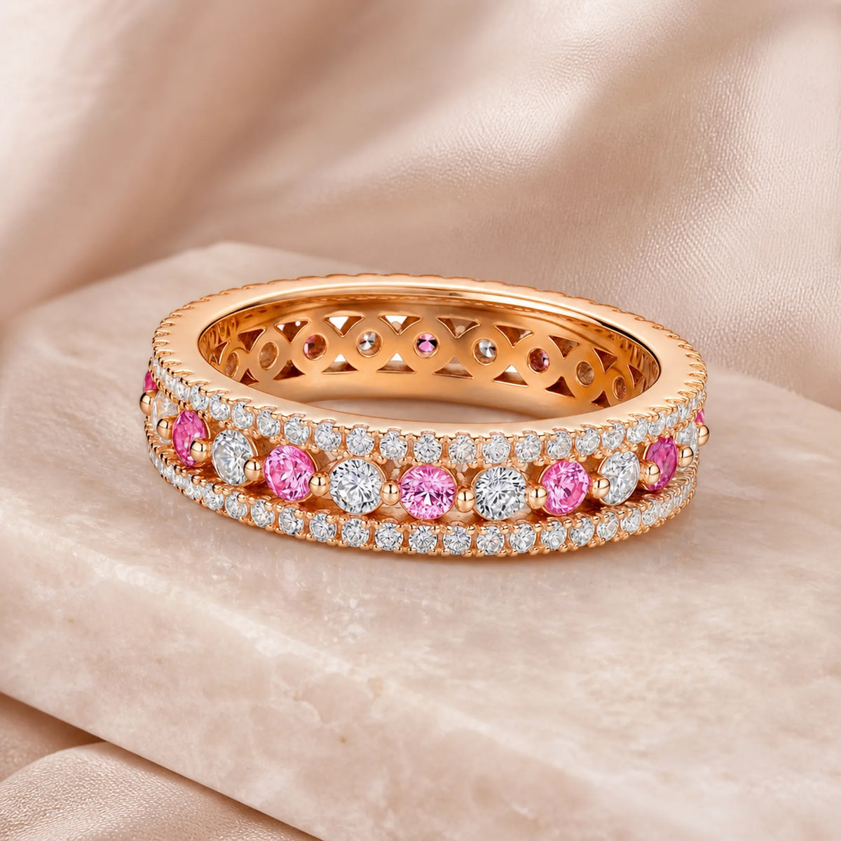 Selunyra Lace Ring in rose gold with alternating pink and clear stones