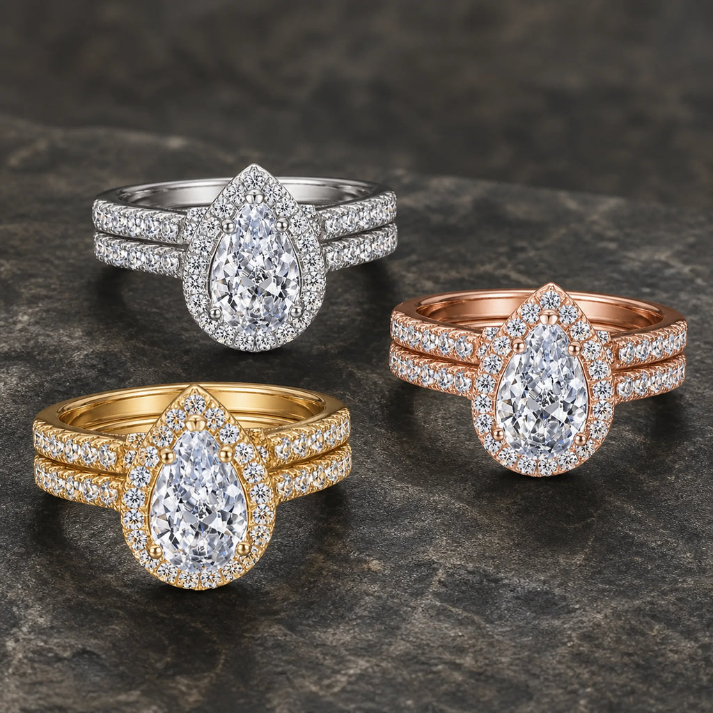 Selunyra Miaa pear two-ring sets in silver rose gold and gold