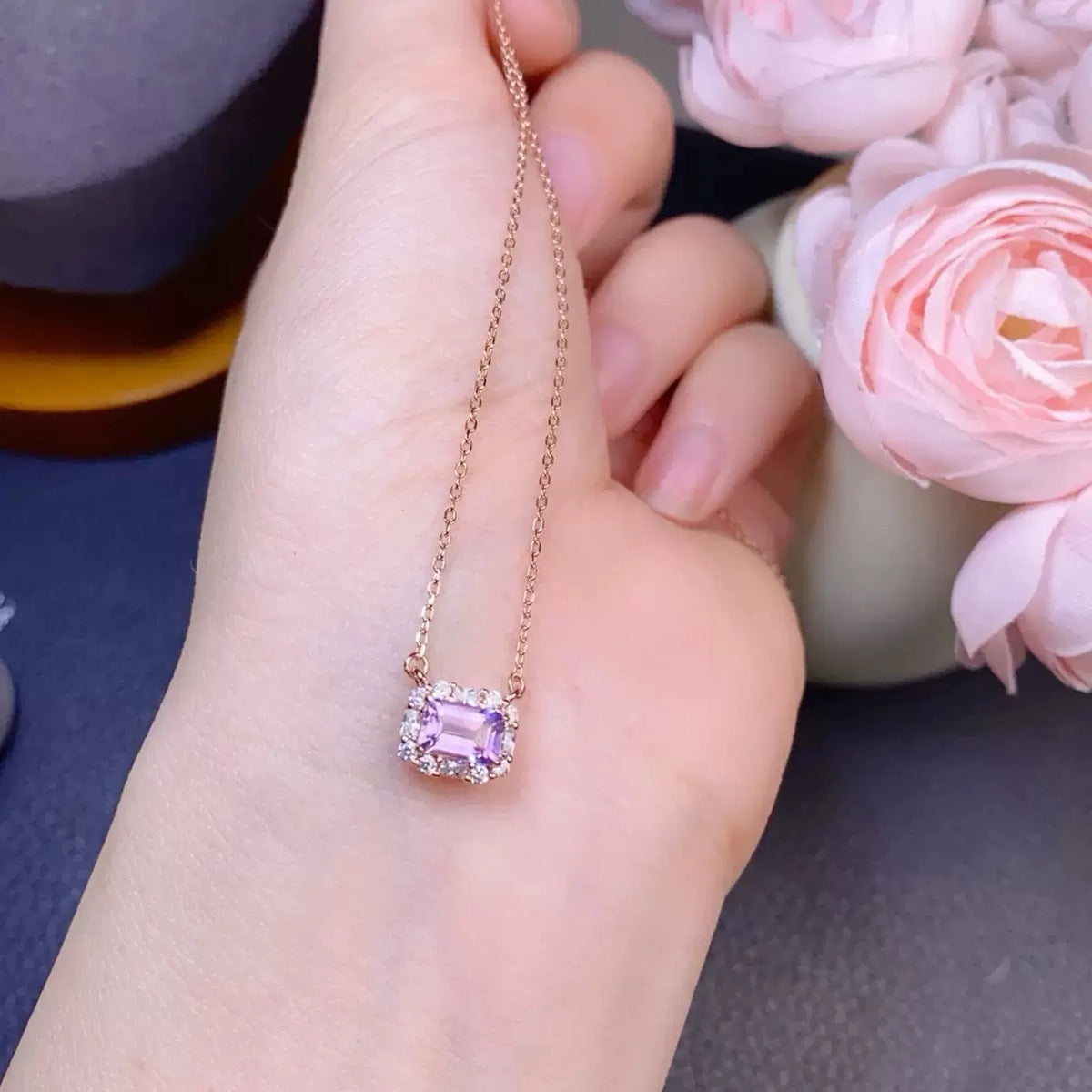 Selunyra Natural Amethyst Yanna Necklace rose gold floral detail