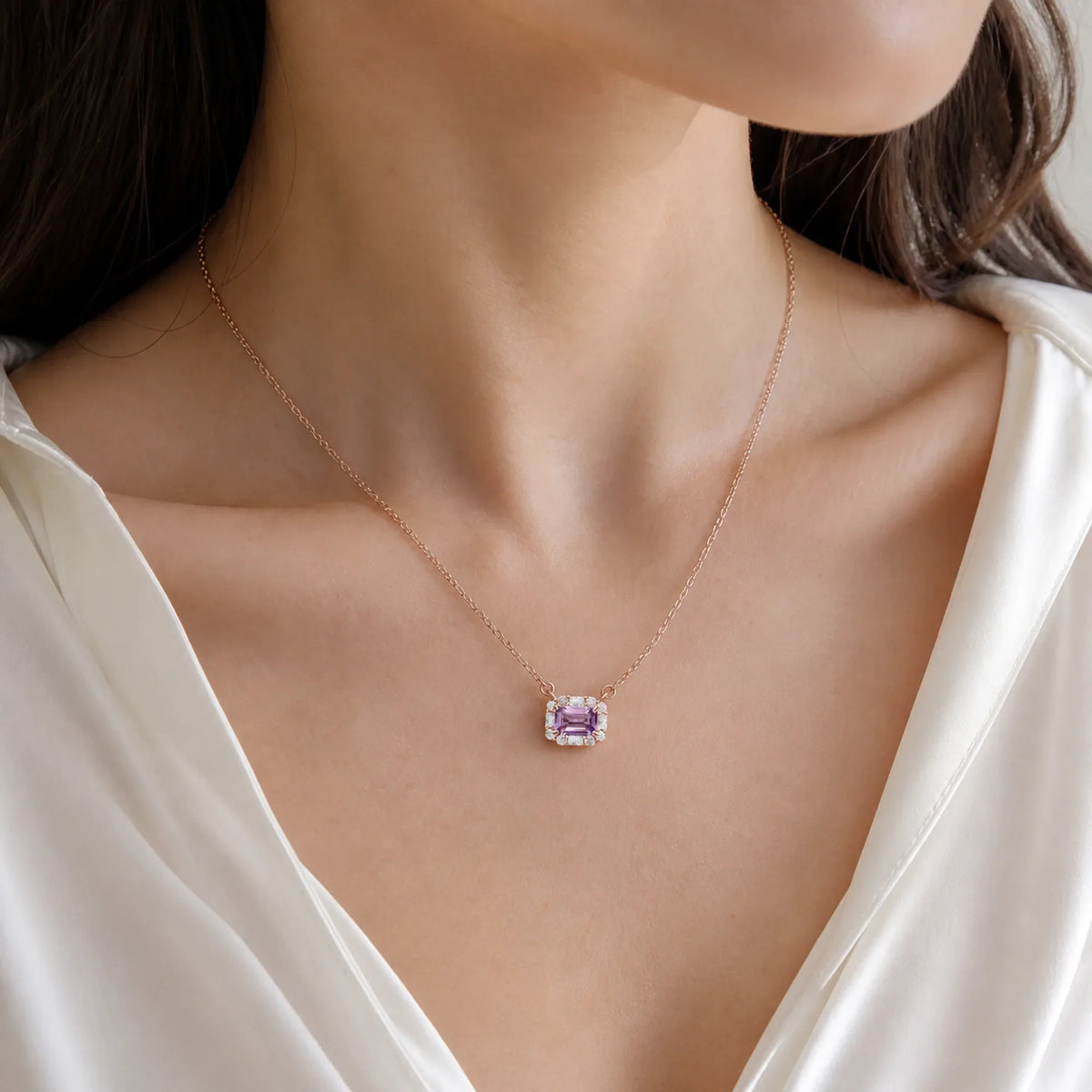 Selunyra Natural Amethyst Yanna Necklace rose gold worn with ivory silk